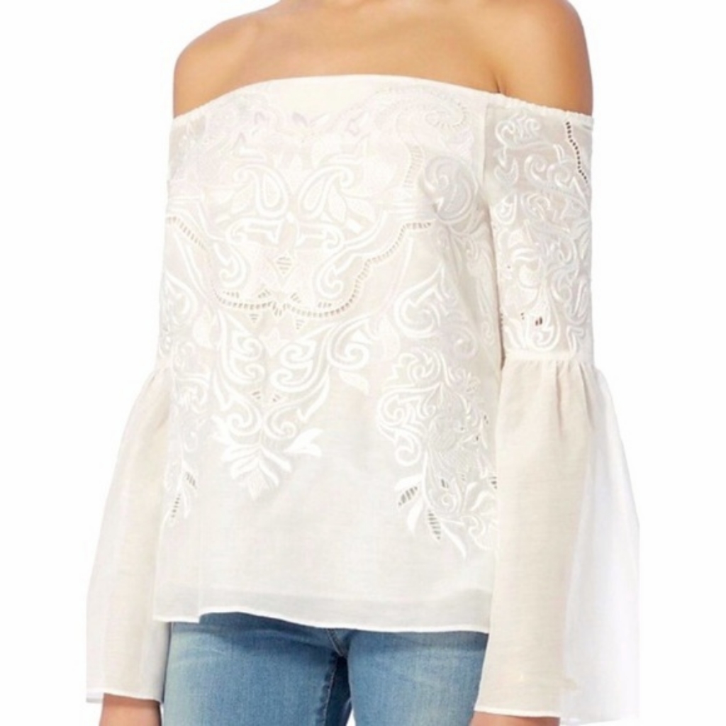 Intermix Aaron Embroidered White Off Shoulder Top